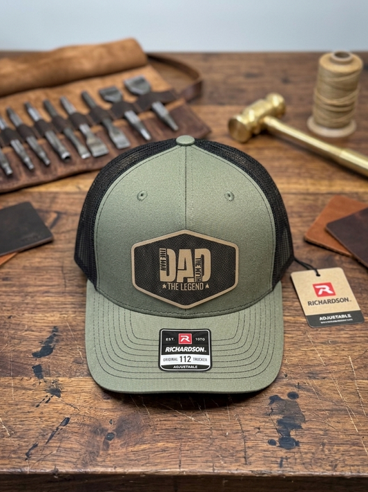 Loden/Black trucker hat with Dad the man the myth the legend sand color leather patch, Hollarwood Outfitters