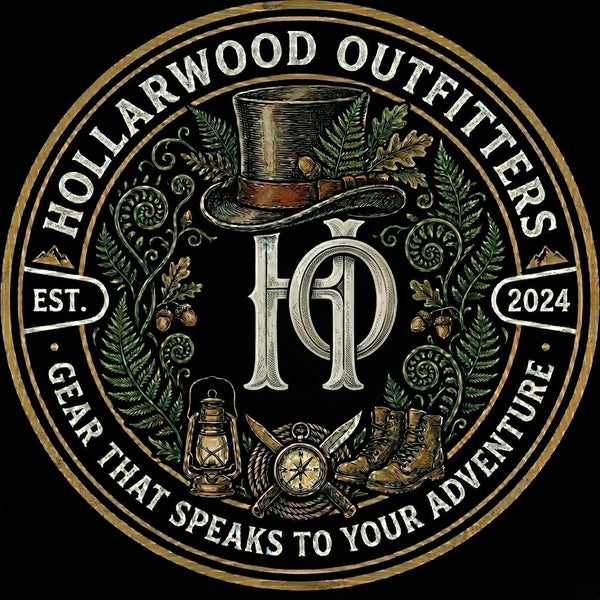 Hollarwood Outfitters logo with top hat, boots, and compass on a black background