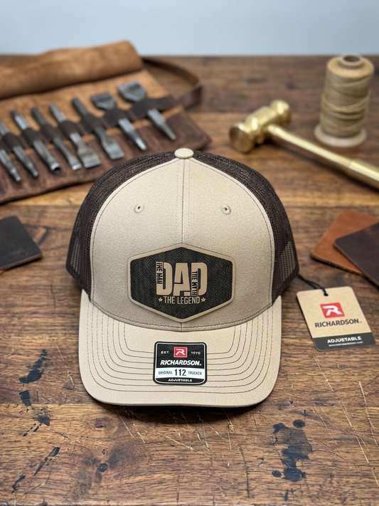 Dad, the man the myth the legend sand color leather patch on a khaki/chocolate trucker hat, Hollarwood OUtfitters