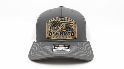 Heather white trucker hat featuring the Off Road patch on a white background, Hollarwood Outfitters