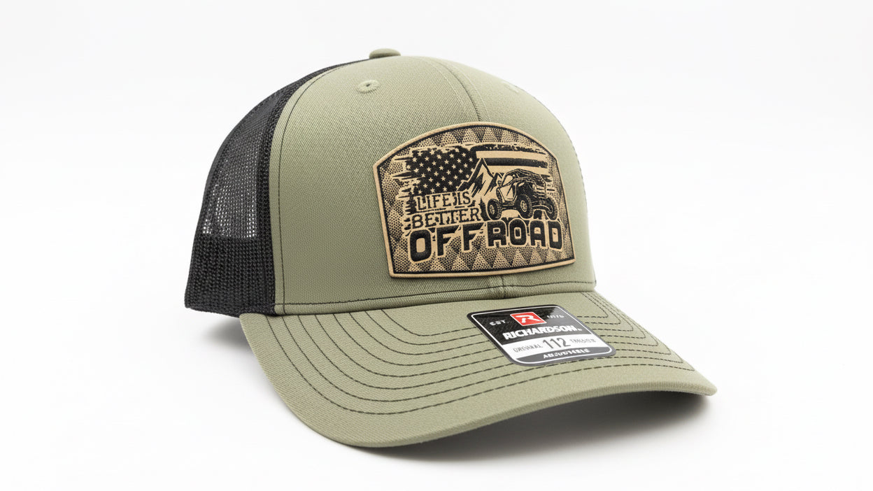Loden and black trucker hat featuring the Off Road logo on a white background, Hollarwood Outfitters