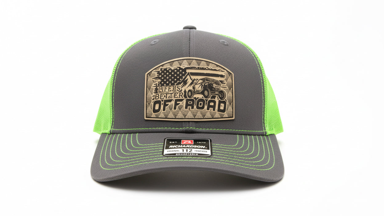 Charcoal and lime‑green trucker hat featuring the Off Road logo on a white background, Hollarwood Outfitters