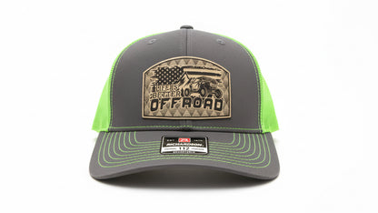 Charcoal and lime‑green trucker hat featuring the Off Road logo on a white background, Hollarwood Outfitters