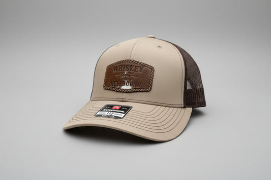 Beige and brown cap featuring a leather Whiskey Bent Hellbound patch on a gray background, Hollarwood Outfitters